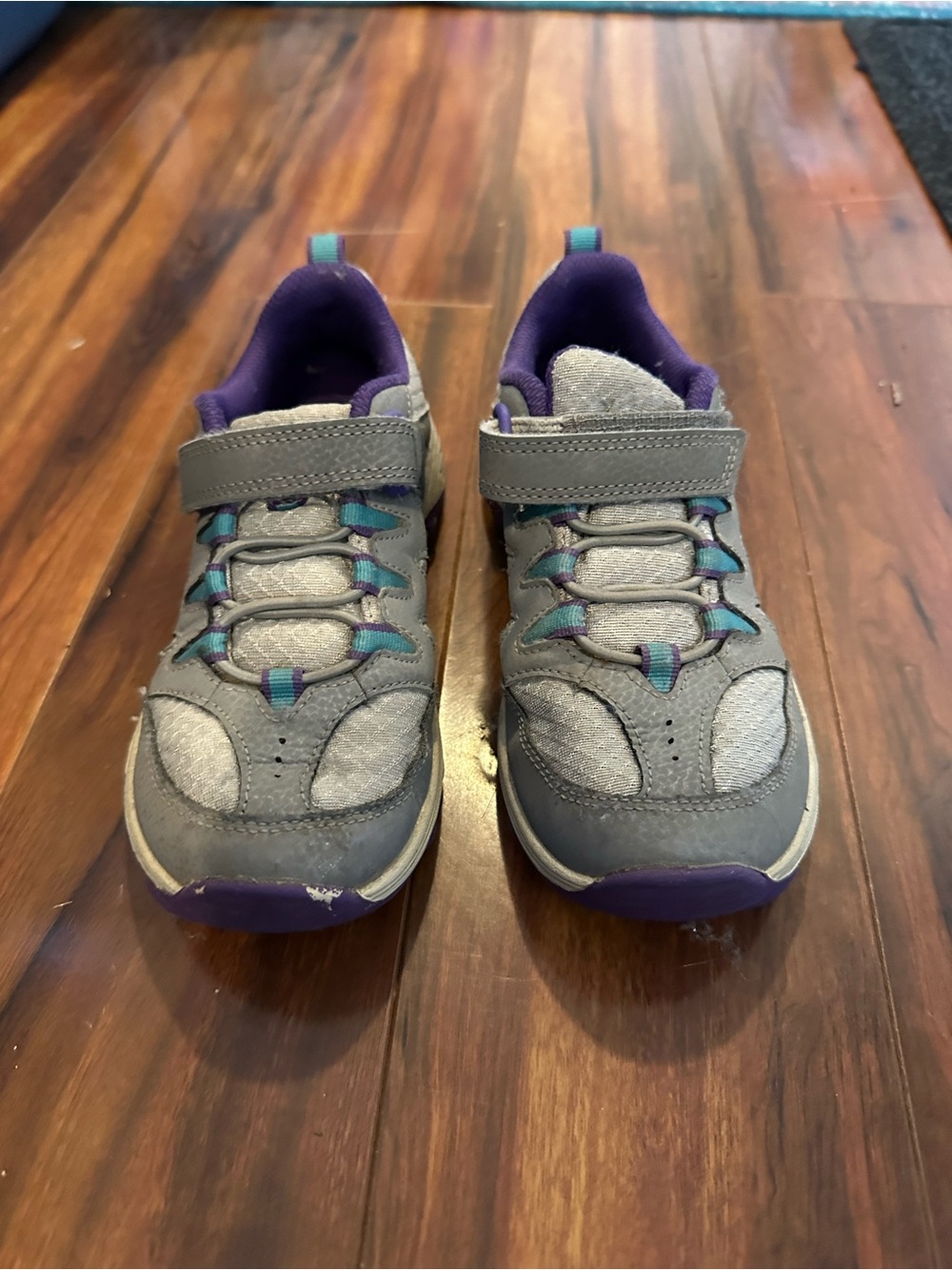 Merrill - Kids  Gray and Purple Velcro Athletic Sneakers with Teal Accents.